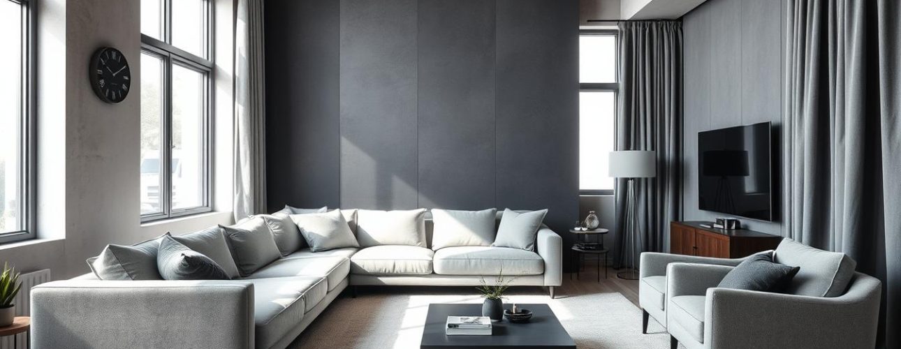 Woonkamer met verschillende grijstinten en texturen