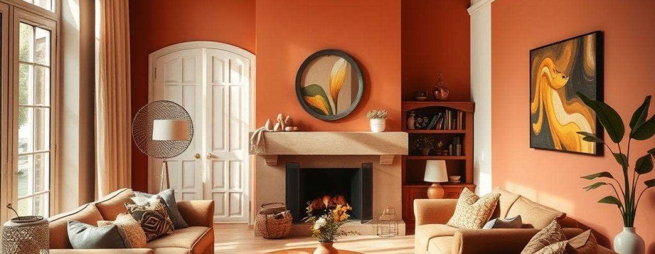 Woonkamer met warme kleuren zoals terracotta en beige die een gezellige sfeer creëren