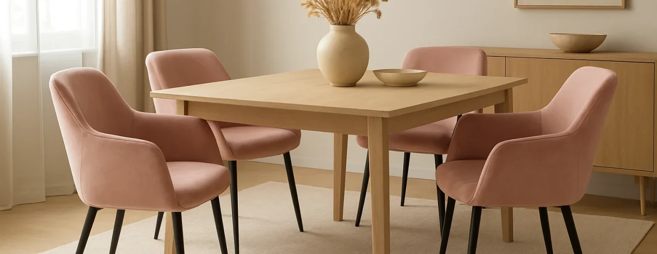 Een moderne eetkamer met een lichte houten tafel, vier zachtroze eetkamerstoelen, een beige vloerkleed en een vaas met gedroogd pampagras als middelpunt. Zonlicht stroomt naar binnen door een raam met transparante gordijnen.