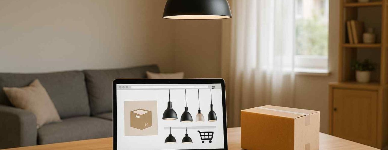 Laptop met hanglampen webshop, kartonnen doos op houten tafel. Zwarte hanglamp erboven. Comfort en design voor jouw woonkamer.