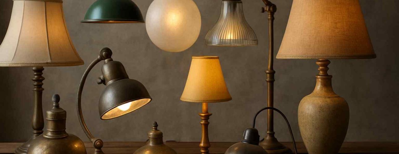 Groep oude lampen op een houten tafel. Verschillende modellen en stijlen, van hanglampen tot tafellampen. Warm licht en een vintage uitstraling.