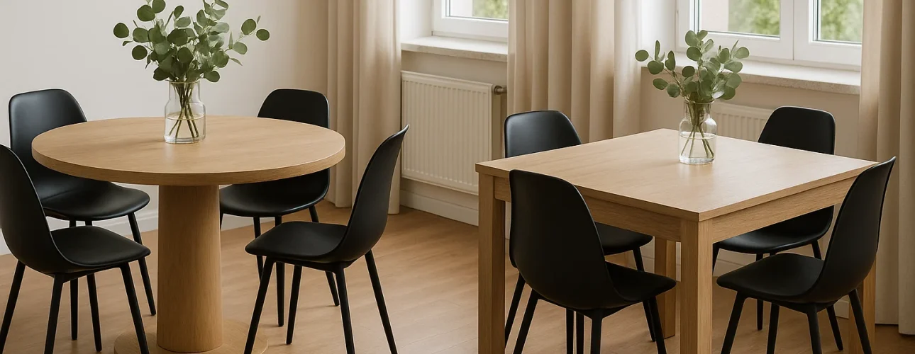 Twee minimalistische tafels, een ronde en een vierkante, elk omringd door zwarte stoelen met een glazen vaas met groene bladeren in het midden - perfect om over na te denken: zijn ronde of vierkante tafels beter? Houten vloeren, lichte gordijnen en grote ramen maken de lichte ruimte compleet.