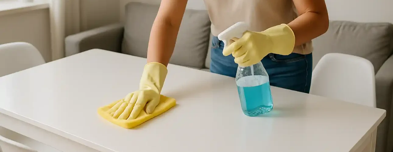 Een persoon met gele rubberen handschoenen maakt een witte tafel schoon met een gele doek en blauwe spray in een lichte woonkamer, om te laten zien dat zijn witte eettafels moeilijk schoon te houden zijn zonder de juiste schoonmaaktechniek.