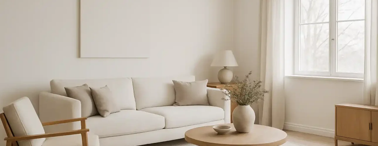 Een minimalistische woonkamer met een beige bank, bijpassende fauteuil en ronde salontafel staat tegen witte muren - wat bewijst dat hoewel sommigen zich afvragen "zijn witte muren ouderwets", ze tijdloze rust en natuurlijk licht bieden in deze serene ruimte.