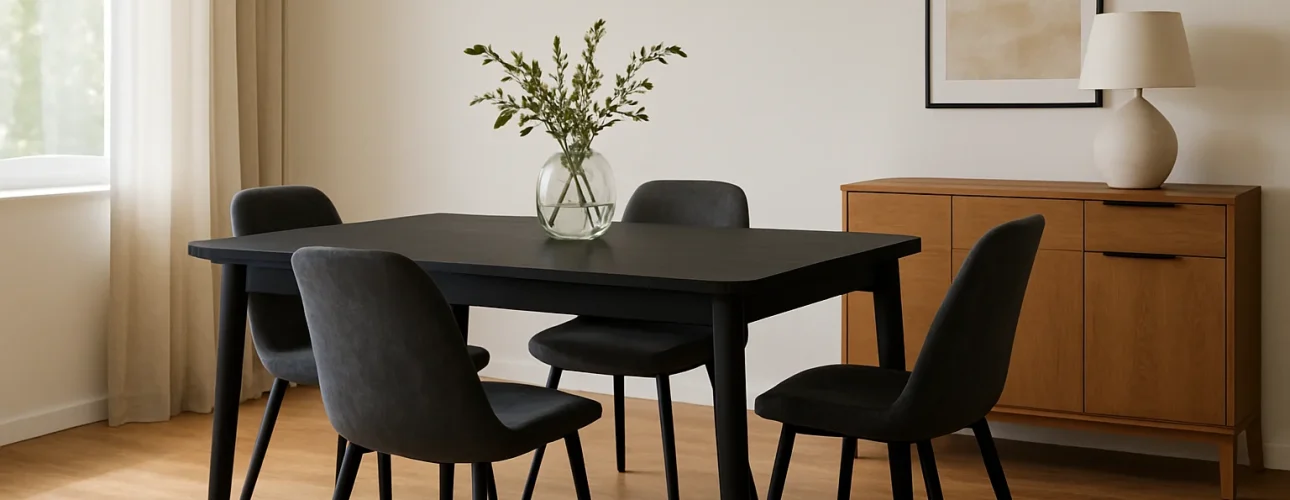 Minimalistische eetkamer met een zwarte tafel, vier donkere stoelen - die je eraan herinneren dat "zijn zwarte eettafels een goed idee" zijn - een glazen vaas met groen, een hanglamp, lichthouten vloeren, een dressoir met lamp, ingelijste kunst en een groot raam met transparante gordijnen.