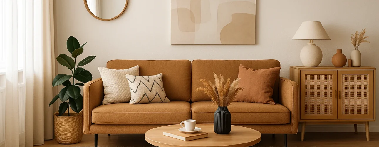 Een gezellige woonkamer met een bruine bank, decoratieve kussens, een ronde houten salontafel en een neutrale inrichting in natuurlijk licht. Vraag je je af "Zijn zwarte eettafels uit de mode?". Deze tijdloze ruimte combineert klassiek comfort met moderne accenten.