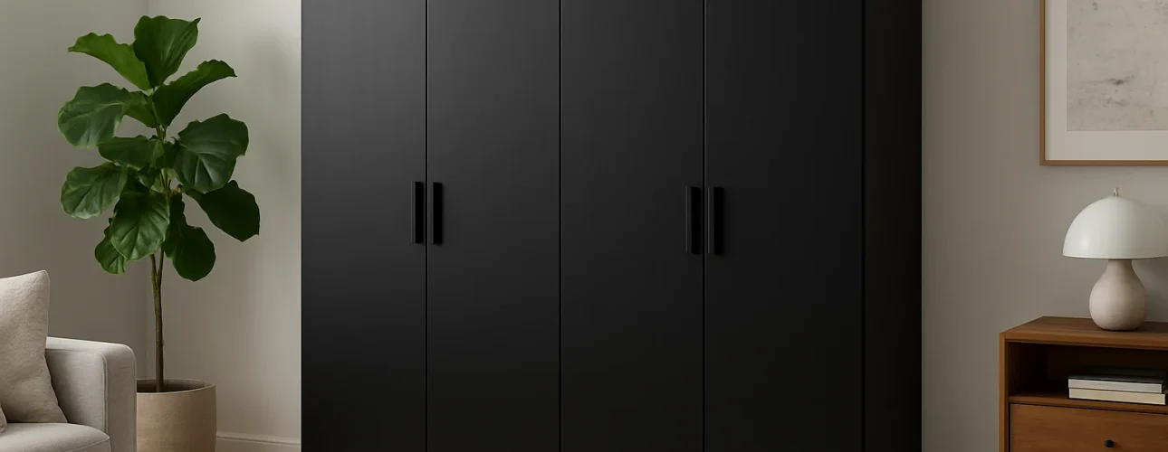 Een zwarte vierdeurs kledingkast met slanke handgrepen staat tegen een witte muur, naast een potplant en een houten nachtkastje met een lamp, en weerspiegelt waarom zwarte kasten in de mode zijn in deze moderne, minimalistische slaapkamer.