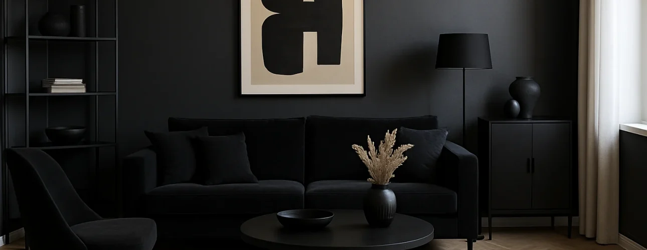 Een moderne woonkamer met zwarte muren, een zwarte bank, stoel en meubels - een bewijs dat zijn zwarte meubels in 2025 nog steeds trendy zijn - plus een ronde salontafel, minimalistische inrichting, abstracte muurkunst, een beige vloerkleed en natuurlijk licht van rechts.