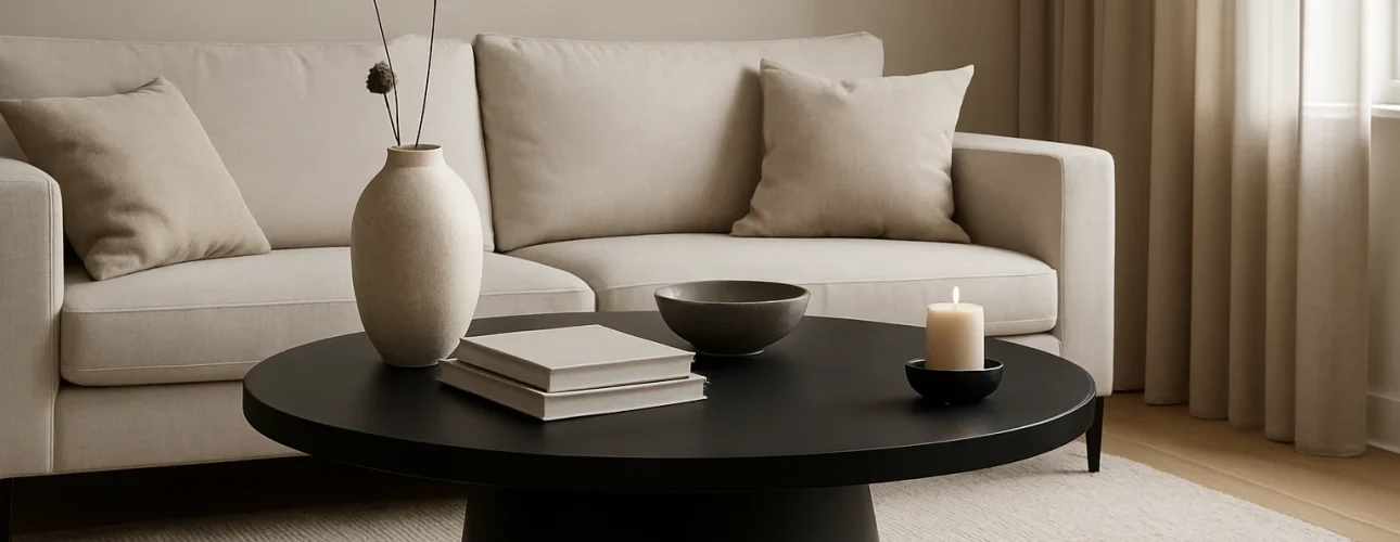 Een moderne woonkamer met een beige bank, twee bijpassende kussens en een zwarte ronde salontafel - opvallend dat zwarte salontafels in de mode zijn - met boeken, een vaas met gedroogde bloemen en een brandende kaars. Neutrale tinten en zacht natuurlijk licht vullen de ruimte.