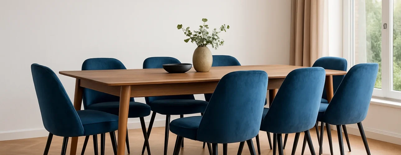 Een moderne eetkamer heeft een houten tafel omringd door acht blauw gestoffeerde stoelen-zo combineer je moeiteloos 6 blauwe! Een zwarte hanglamp hangt erboven, terwijl natuurlijk licht door een groot raam met beige gordijnen stroomt.