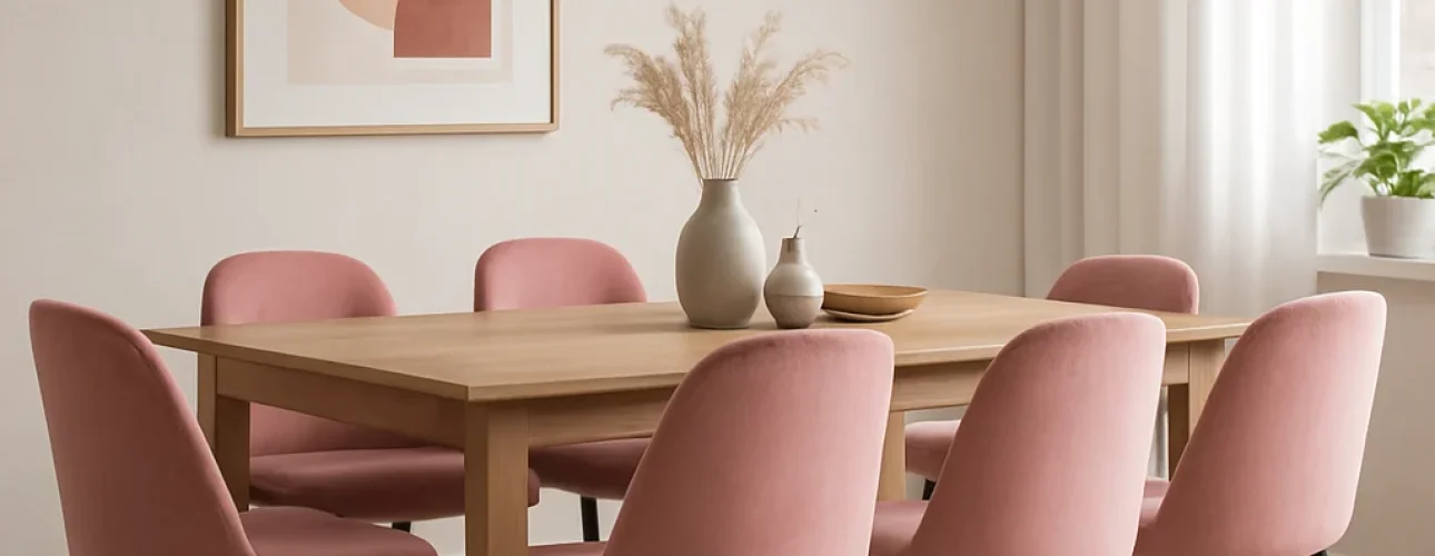 Een moderne eetkamer waar Zo combineer je moeiteloos 6 roze fluwelen stoelen rond een lichte houten tafel, geaccentueerd door een witte hanglamp, abstracte kunst, een vaas met pampagras en natuurlijk licht dat door witte gordijnen naar binnen valt.