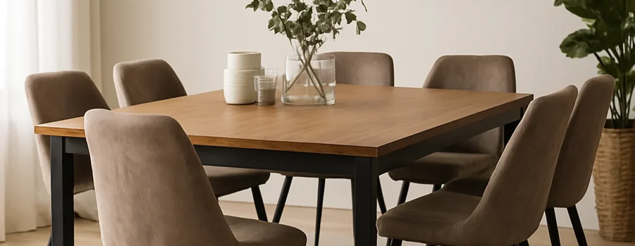 Een moderne eetkamer met een houten tafel, zo combineer je moeiteloos 6 taupekleurige stoelen, een zwarte hanglamp, een ronde wandspiegel, een plant in een geweven pot en groen in een vaas op tafel, alles op een beige vloerkleed.