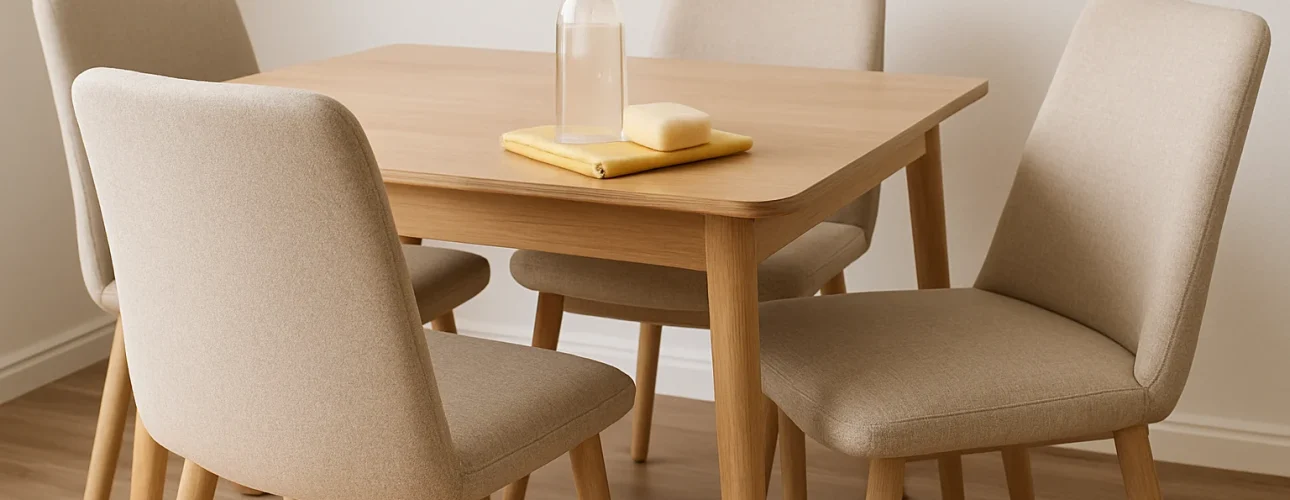 Een houten tafel met vier beige stoelen staat in een minimalistische kamer. Op de tafel liggen een gele doek, een spuitfles en een spons - perfect om schoon te maken. Zo onderhoud je beige eetkamerstoelen eenvoudig in deze simpele en nette setting.