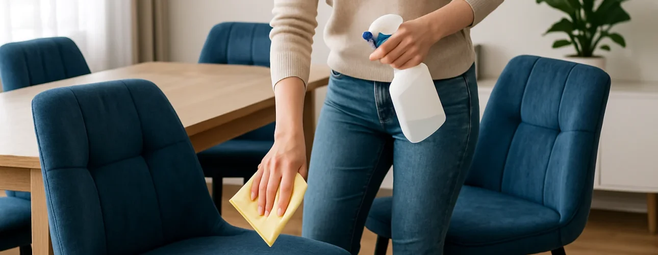 Een persoon in een beige trui en spijkerbroek maakt een blauwe stoel schoon met een gele doek en spuitfles in een eetkamer met een houten tafel, en laat zien hoe je blauwe eetkamerstoelen schoonmaakt: Zo onderhoud je blauwe eetkamerstoelen.