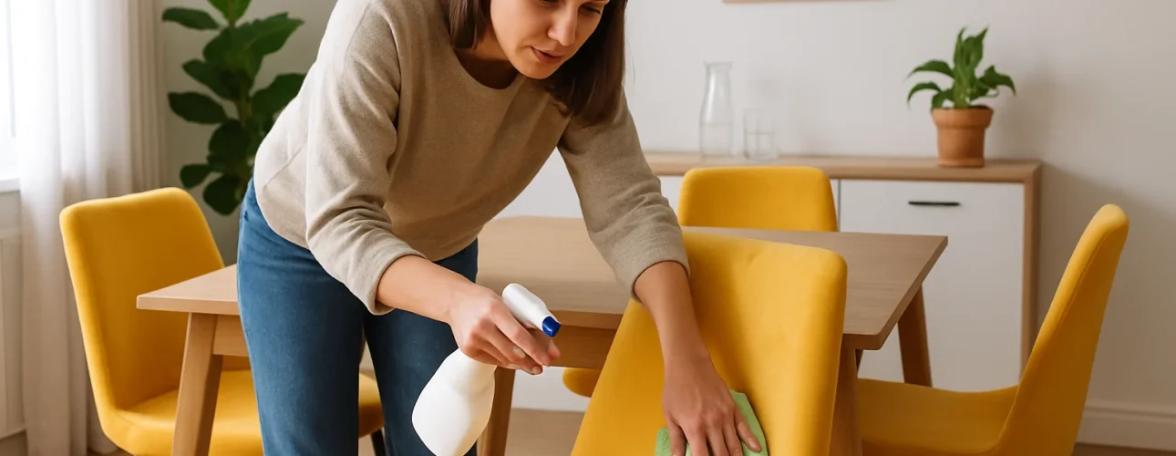 Een vrouw demonstreert hoe je gele eetkamerstoelen -zo onderhoud je gele eetkamerstoelen- schoonmaakt met een spuitfles en een groene doek in een lichte eetkamer met potplanten en een houten tafel.