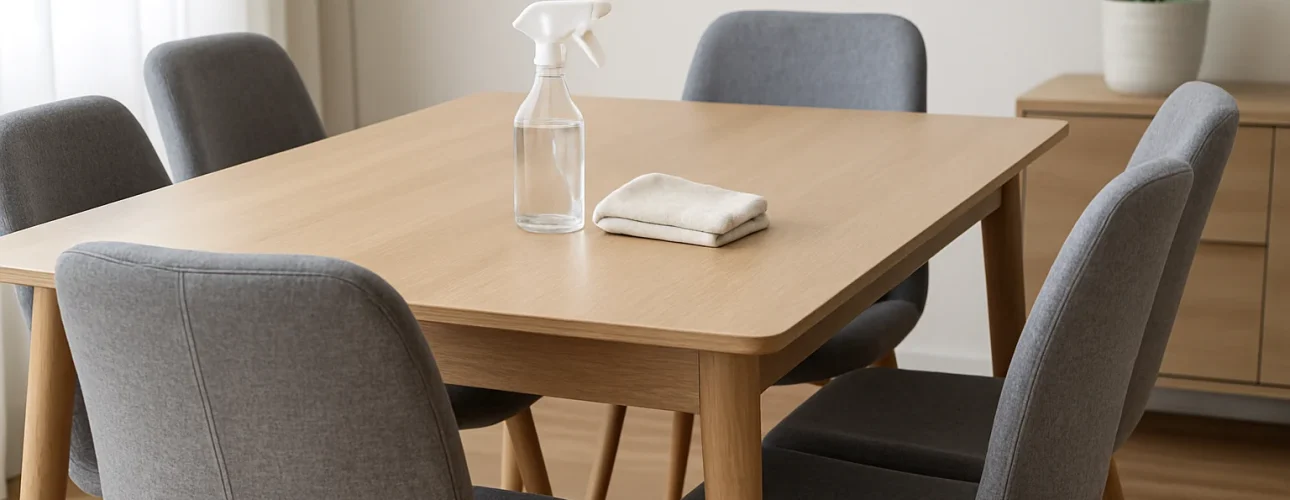 Een lichthouten eettafel met zes grijs gestoffeerde stoelen. Op de tafel staan een spuitfles en opgevouwen doeken-zo onderhoud je grijze eetkamerstoelen. Een potplant en een dressoir staan op de achtergrond, verlicht door natuurlijk licht van links.