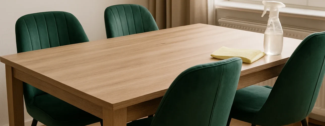 Een houten eettafel met vier groen gestoffeerde stoelen eromheen. Op de tafel liggen een geel schoonmaakdoekje en een spuitfles -zo onderhoud je groene eetkamerstoelen- naast een raam met beige gordijnen.