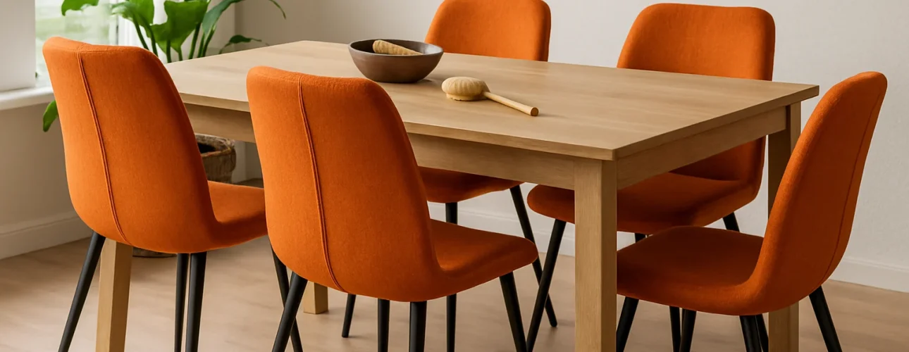 Een lichte houten eettafel met zes oranje gestoffeerde stoelen in een lichte kamer. Als je je afvraagt "Hoe kies je de juiste oranje eetkamerstoelen?", dan is deze opstelling zowel stijlvol als uitnodigend - een plant bij het raam zorgt voor een fris accent.