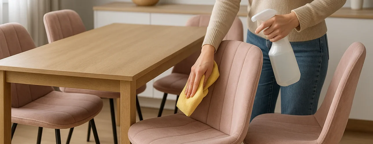 Iemand demonstreert hoe je zo je roze eetkamerstoelen onderhoudt door een roze gestoffeerde stoel schoon te maken met een gele doek en een spuitfles naast een houten eettafel in een lichte, moderne eetkamer.