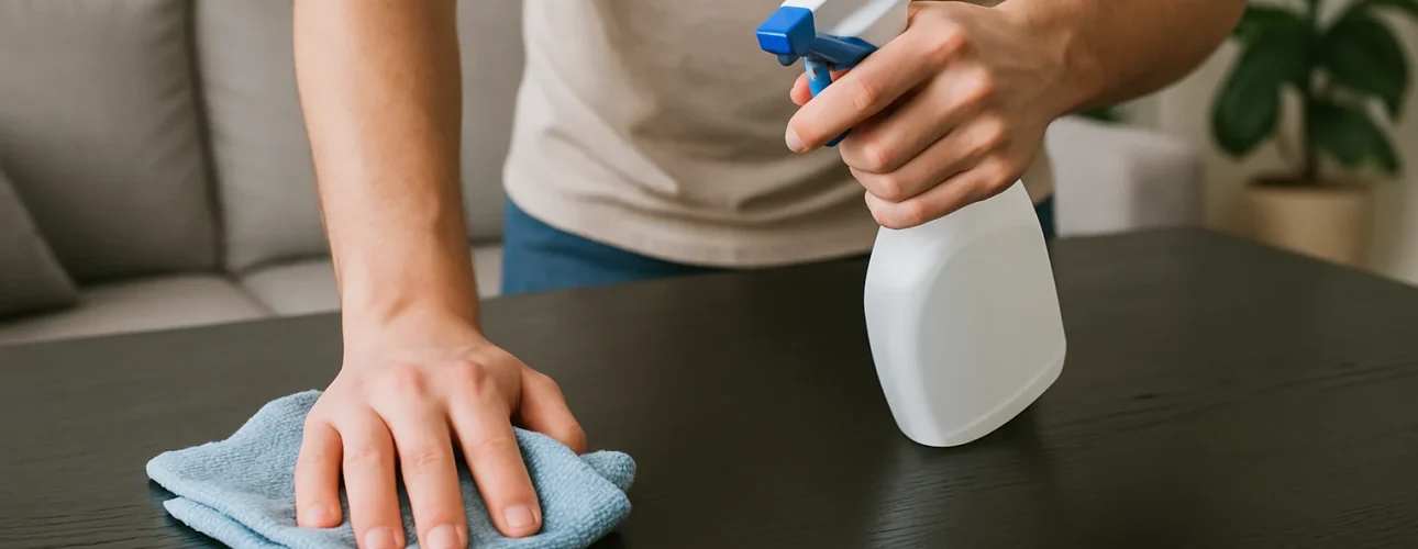 Een persoon is bezig met een zwarte houten tafel schoonmaken, terwijl ze met één hand een blauwe doek gebruiken en met de andere hand reiniger uit een witte fles spuiten; op de achtergrond staan een grijze bank en een plant.
