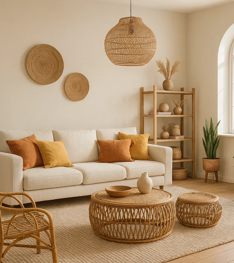 Een gezellige woonkamer met een crèmekleurige bank, mosterd en oranje kussens, rieten tafels, rotan stoel, potplanten, houten planken met decor en geweven muurkunst, alles in warme, neutrale tinten met natuurlijk licht van een boograam.