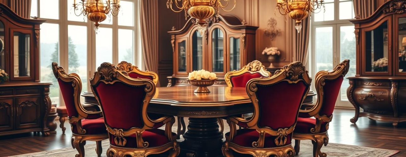 Ronde houten eettafel omringd door barok eetkamerstoelen met rode bekleding en gouden accenten.