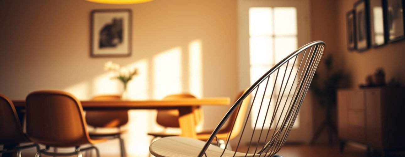 buisstoelen-eetkamer Een buisstoel met een houten zitting in een eetkamer met een houten tafel en een lamp boven de tafel.