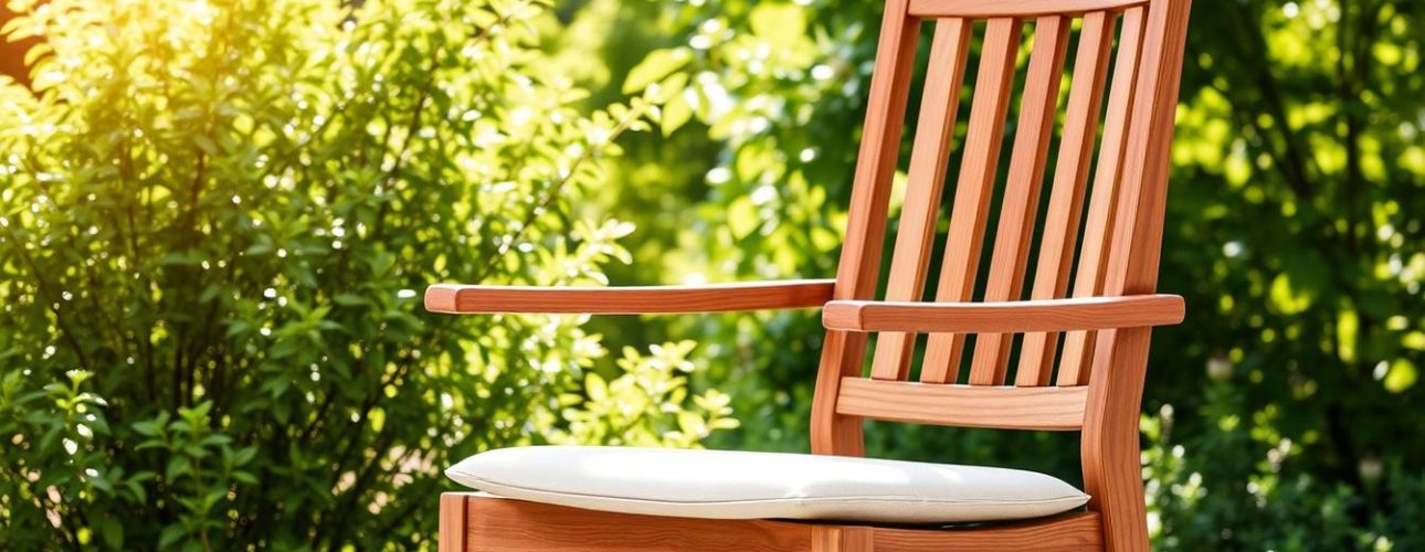 Houten stoel met een lichtgekleurde kussen, geplaatst in een groene omgeving met planten.