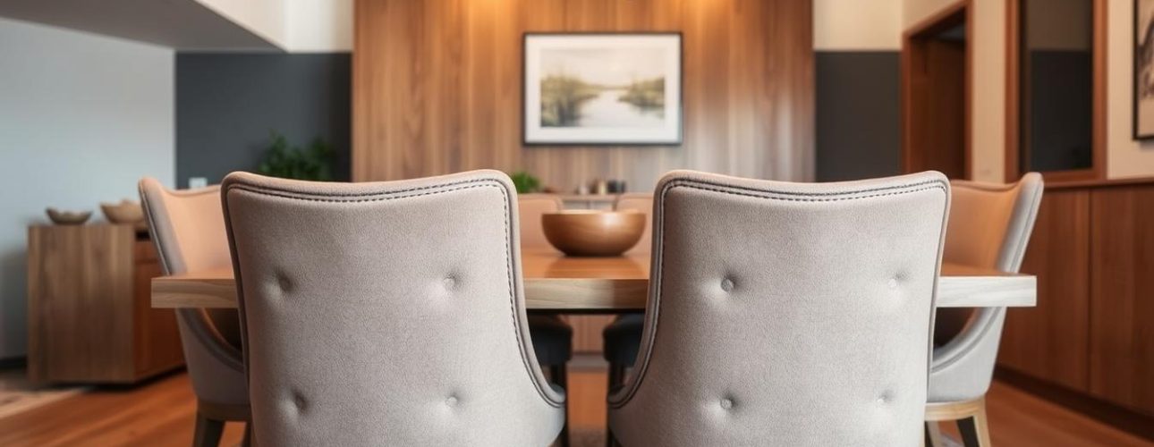 c3a74409-38f7-4f7a-bbb6-94a9a2db1875 Eettafel met vier gestoffeerde stoelen in een moderne eetkamer met houten accenten.