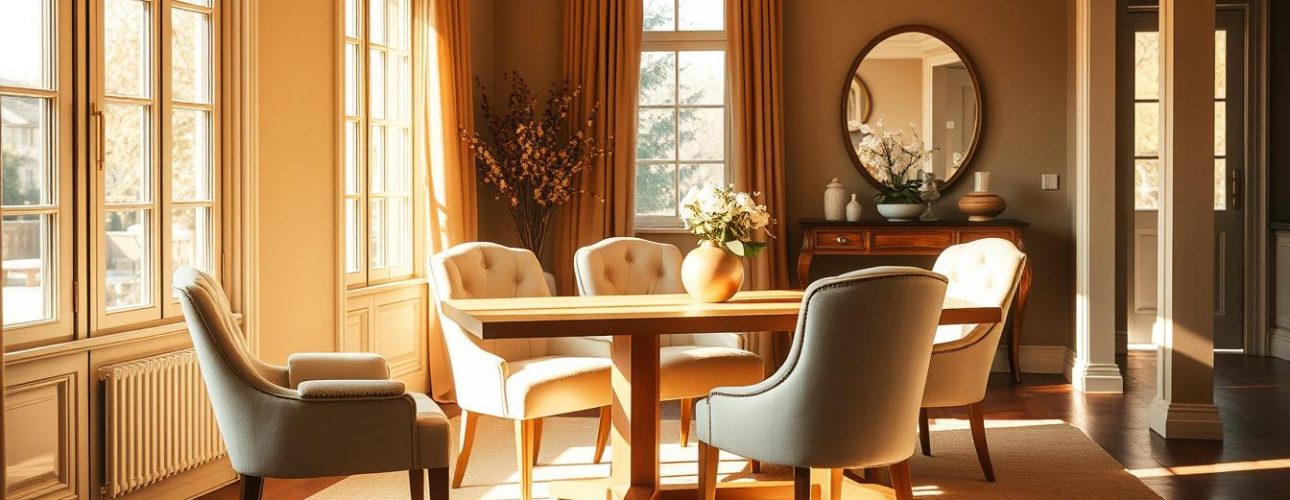 champagne-eetkamerstoelen Eetkamer met een houten tafel en vier stoelen, verlicht door natuurlijk licht.