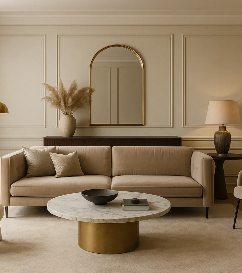 Een moderne woonkamer met een beige bank, twee beige stoelen, een ronde marmeren salontafel en een gouden staande lamp. Een grote spiegel, pampagras in een vaas en een tafellamp sieren de achterwand. Overal neutrale tinten.