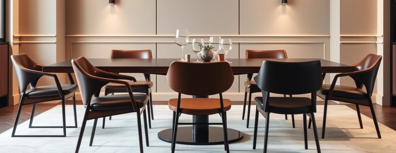 Zeven eetkamerstoelen rondom een ronde tafel in een moderne eetkamer.