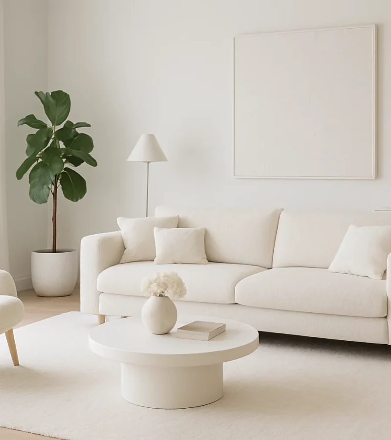 Minimalistische woonkamer met crèmekleurige bank, fauteuil en ronde salontafel op een licht vloerkleed. Grote potplant, lamp en abstracte muurkunst voegen decor toe. Zonlicht stroomt naar binnen door een raam met transparante gordijnen.