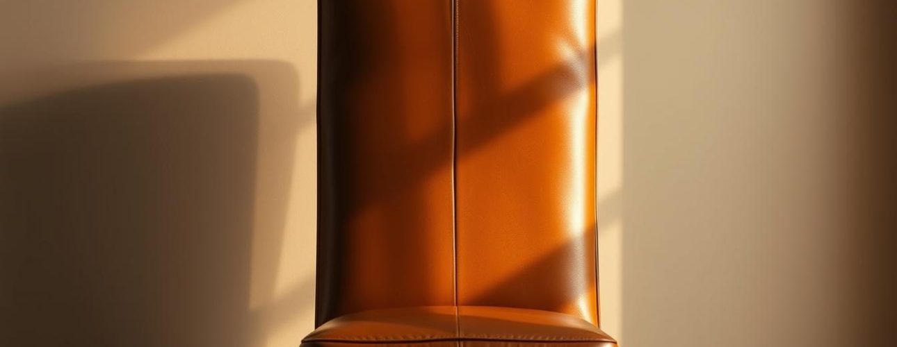 eetkamerstoel-leverkleur Bruine leren eetkamerstoel met een hoge rugleuning en zwarte poten, geplaatst tegen een lichte muur.