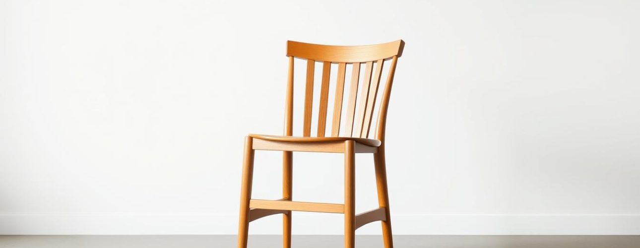 Houten eetkamerstoel met spijlen en een natuurlijke afwerking, geplaatst op een lichte vloer.