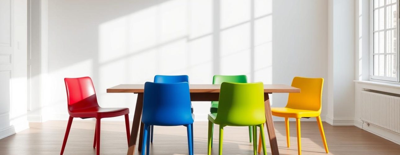 Een set van vier eetkamerstoelen in rood, groen, geel en blauw rond een houten tafel.