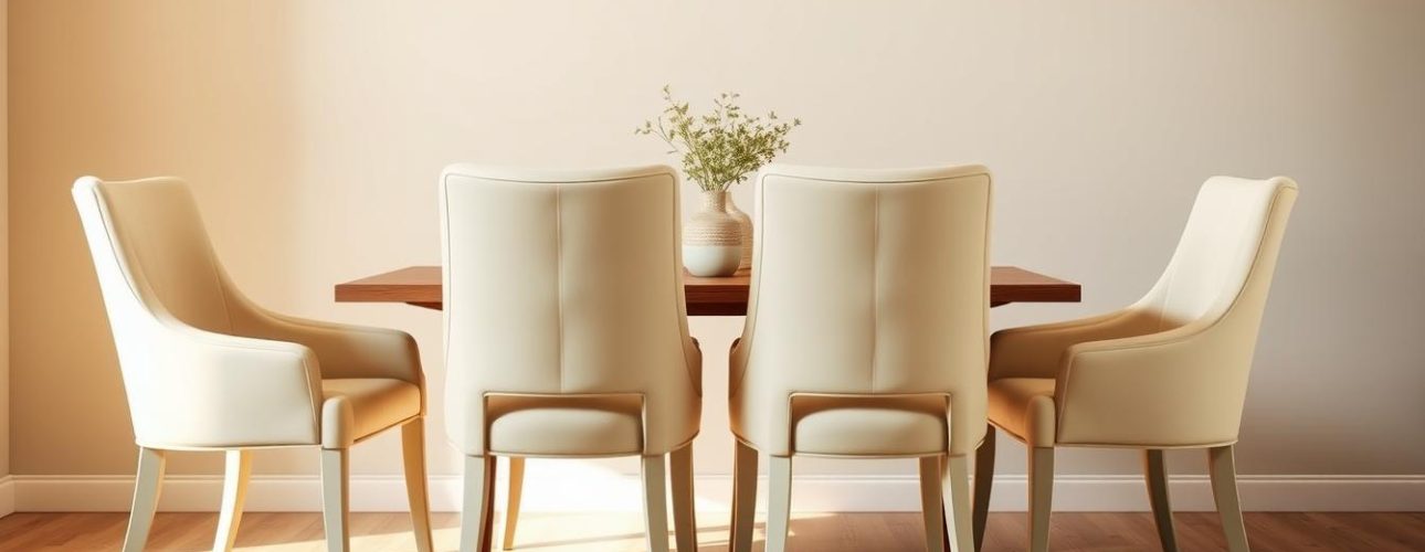 Vier crème kleur eetkamerstoelen met een houten tafel en een vaas op de tafel.