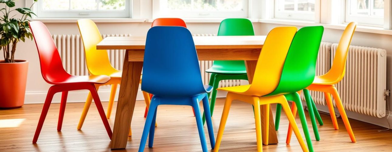 eetkamerstoelen-felle-kleuren Een set van acht eetkamerstoelen in verschillende felle kleuren rondom een houten tafel.