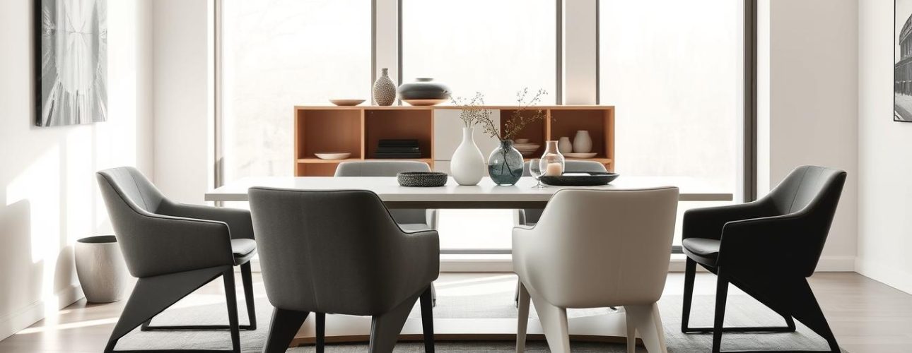 Zwarte, grijze en witte eetkamerstoelen rondom een moderne eettafel in een lichte ruimte.