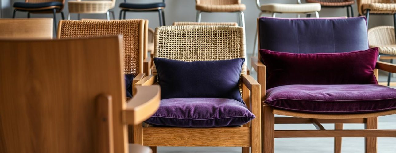 Eetkamerstoelen in diverse materialen en kleuren, waaronder houten en gestoffeerde varianten.