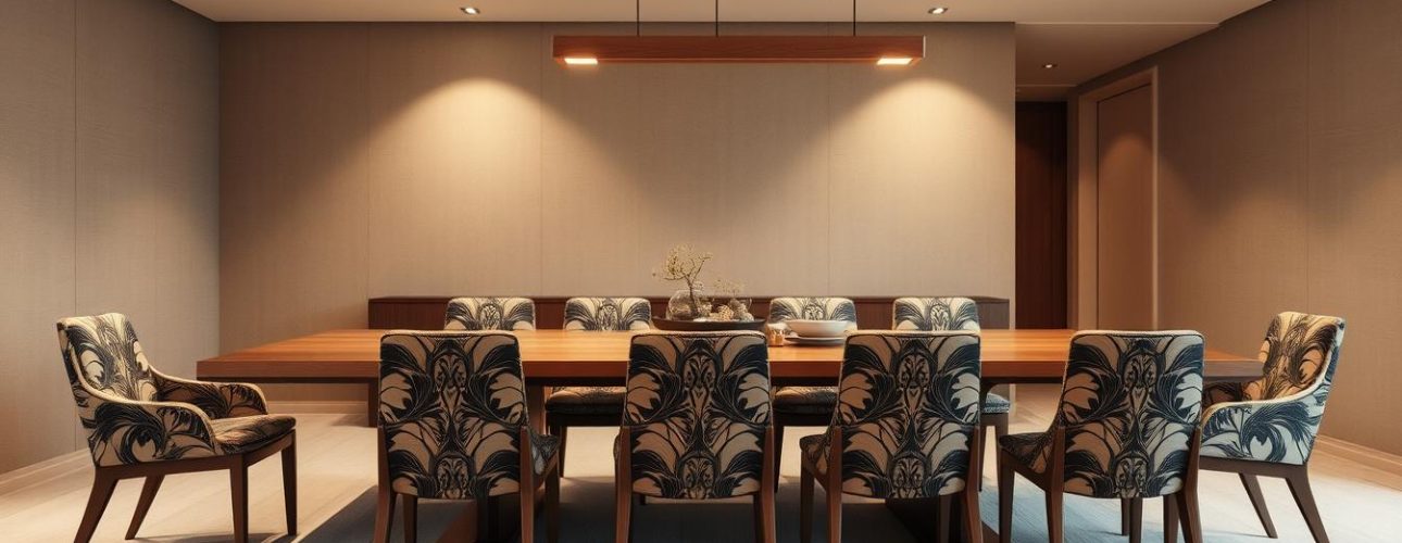 Eetkamerstoelen met een print rond een lange houten eettafel in een moderne ruimte.