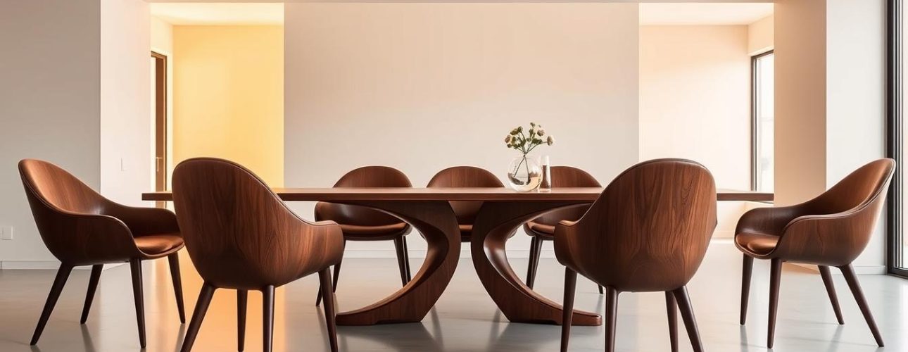 Zes eetkamerstoelen met een unieke, organische vorm rondom een houten tafel in een lichte ruimte.