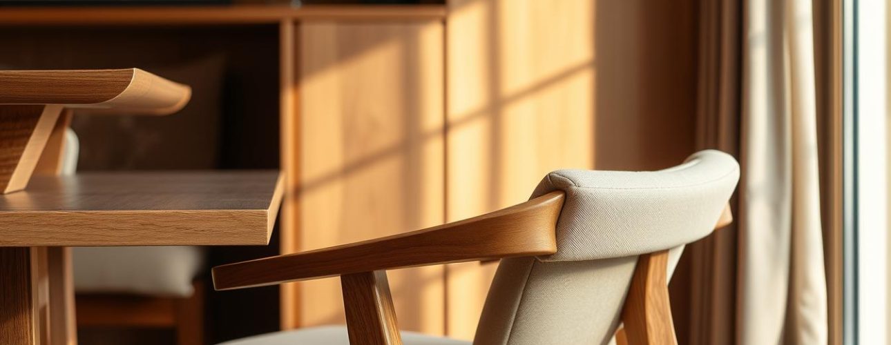 Eetkamerstoel met een houten frame en een lichtgekleurde stoffen zitting en rugleuning.