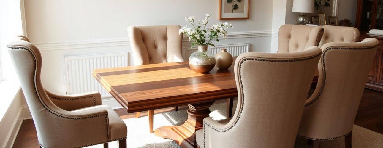 Set van eetkamerstoelen met een houten tafel en een vaas met bloemen in een lichte ruimte.