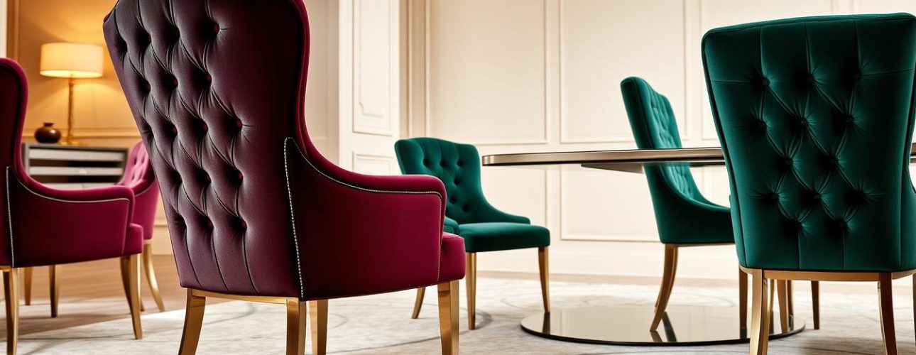 Groene en paarse eetkamerstoelen met een tufted ontwerp en gouden poten in een moderne eetkamer.
