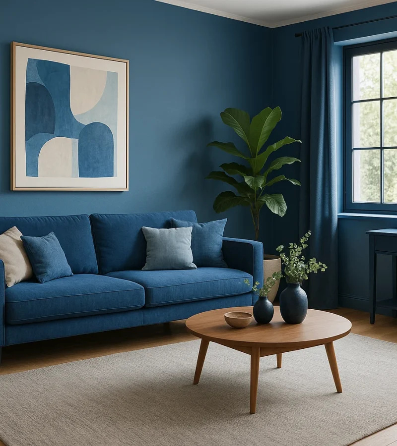 Een moderne woonkamer met blauwe muren en decor, met een blauwe bank met kussens, een ronde houten salontafel, planten, een lamp en een raam met blauwe gordijnen die natuurlijk licht binnenlaten. Boven de bank hangt abstracte kunst.