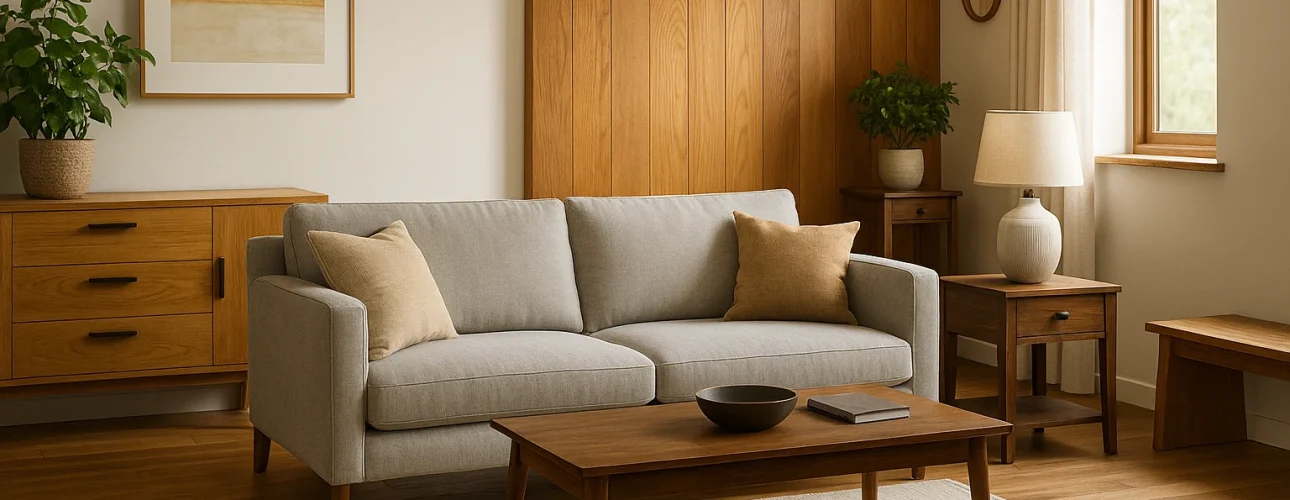 Woonkamer met houten accenten en grijze bank. De houten lambrisering geeft een warme sfeer. Interieurstijl met lichte beits tinten.