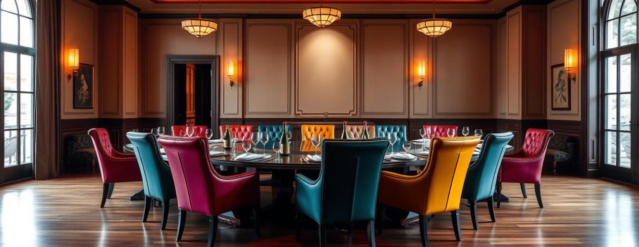 Een grote, ronde eettafel in een elegante kamer met warme houten vloeren en trendy eetkamerstoelen – turquoise, rood en geel – in modern leer. Hoge ramen en sierlijsten maken de stijlvolle setting compleet.