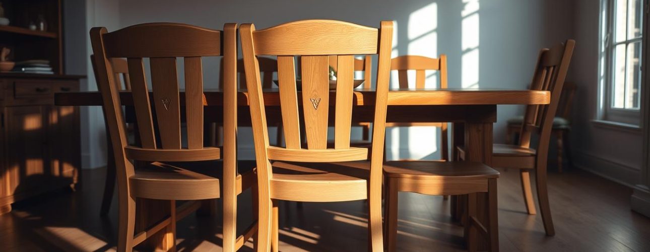 Houten eetkamerstoelen met een eenvoudige en klassieke uitstraling, geplaatst rond een houten tafel.