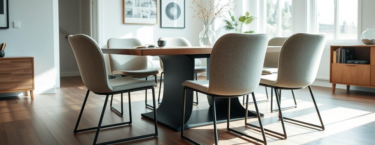 Eetkamertafel met zes nix design eetkamerstoelen in een lichte ruimte.